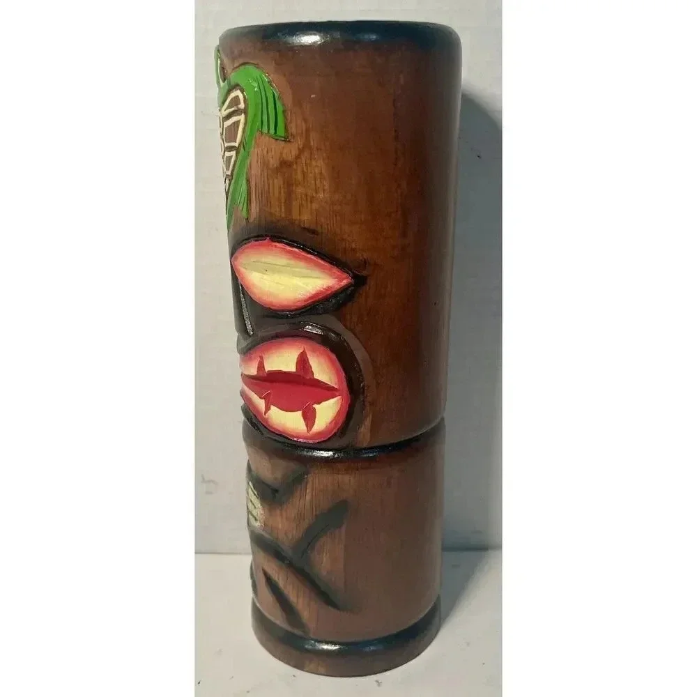 Tiki Totem Pole Candle Holder Hand Carved Wood With Glass/Candle Insert 10